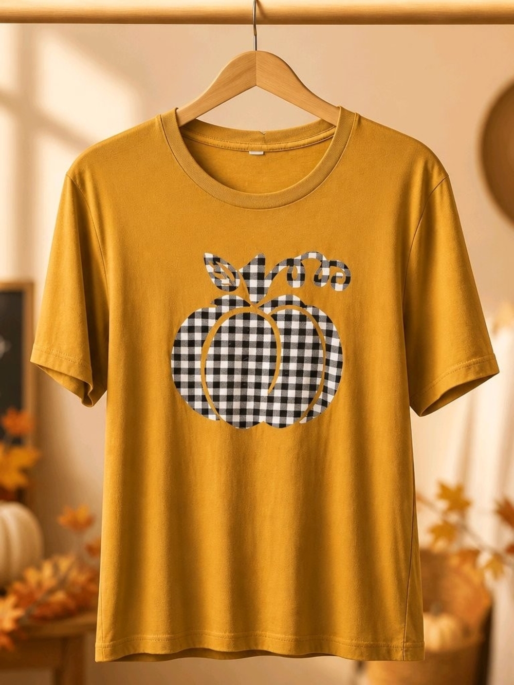 Mustard Yellow Plaid Pumpkin Short Sleeve Tee